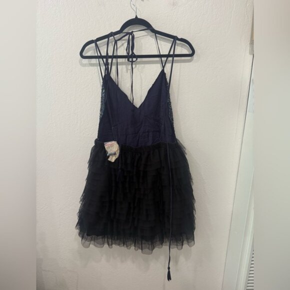 Free People Flutter Mini Navy and Black Ruffled Dress in size XL - Picture 6 of 7
